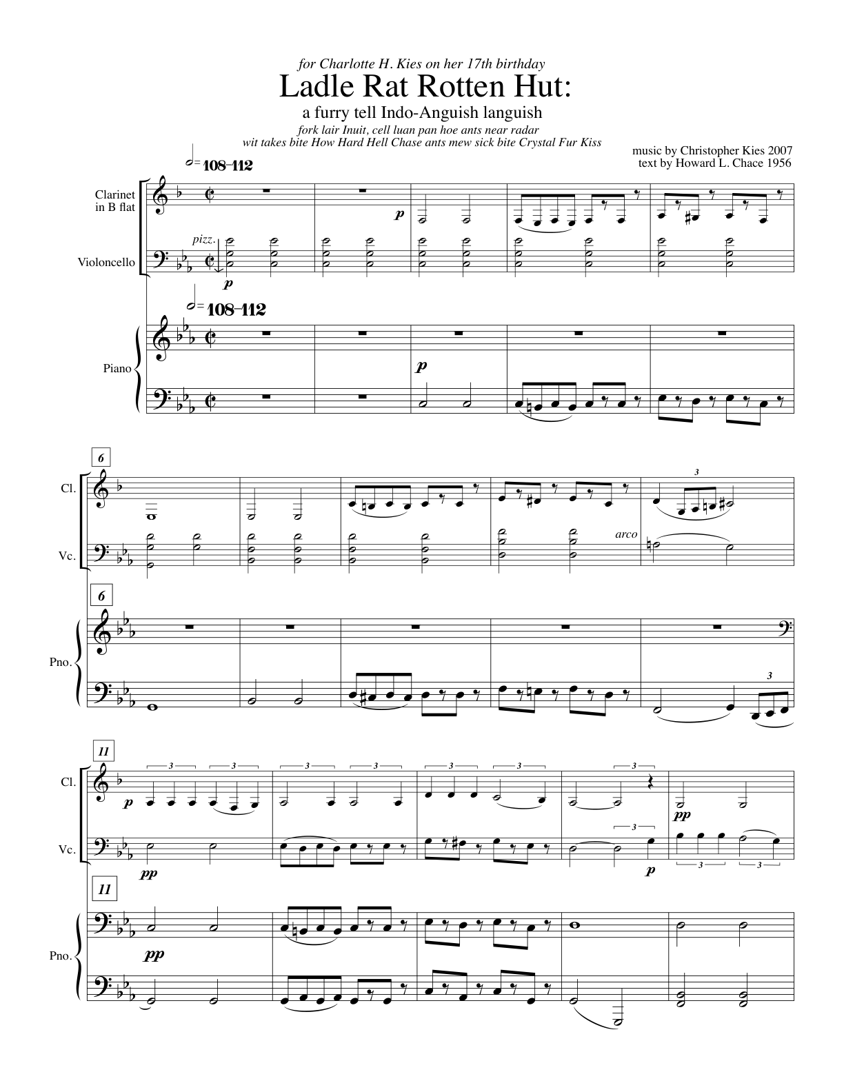Catalogue entry for Little Red Riding Hood (or Ladle Rat Rotten Hut) for Clarinet in B Flat, Cello, Piano, and Narrator, No. 026